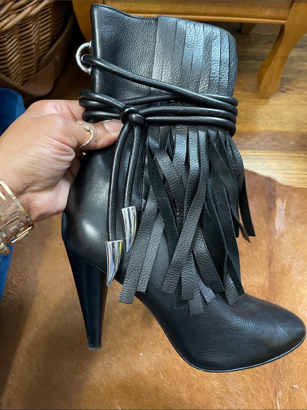 Ash Black Leather Fringe Heeled Ankle Boots